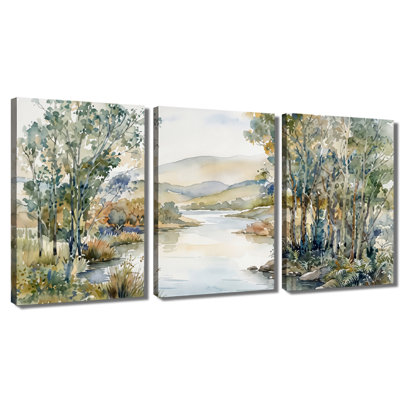 Watercolor Riverside Forest Landscape - Premium Gallery Wrapped Canvas Prints Set Of 3