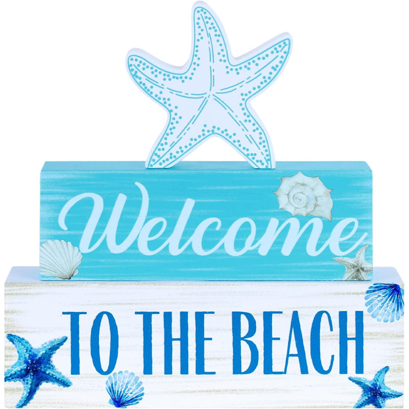 Décor de bloc de bois de plage côtière, étoile de mer superposée et coquillage à la table de plage, décoration pour maison à thème océanique, manteau de cheminée, tablette et décor de maison de campagne côtière