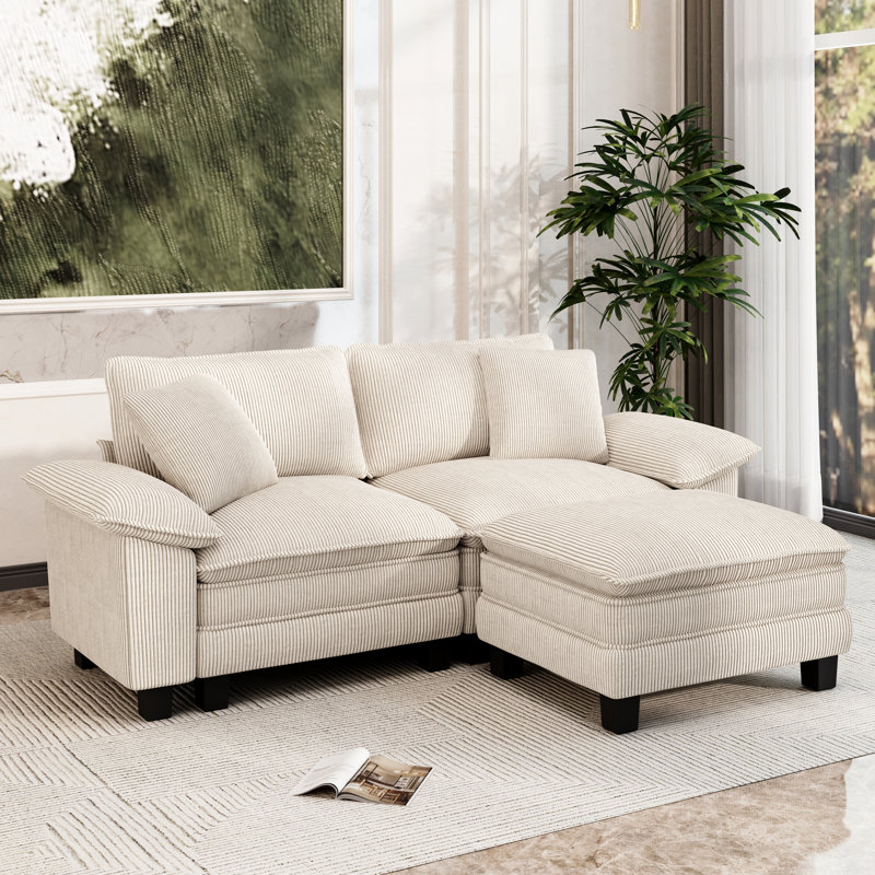 88" Modular Sectional Loveseat Couches For Living Room, 3-seater Deep Seat Sofa With Ottoman, Ivory Corduroy