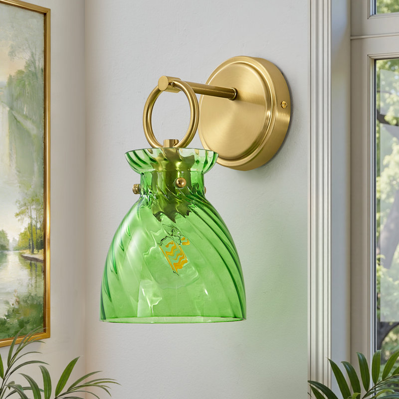 Applique murale moderne 1 lumière dorée avec abat-jour en verre rayé vert, Vert