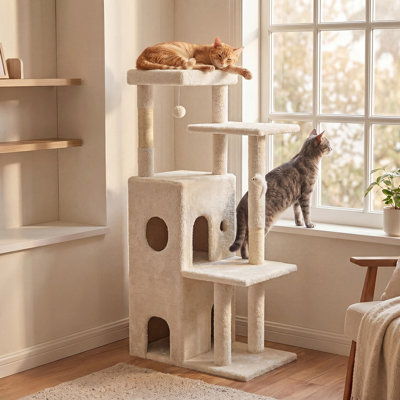  Indoor Cat Tree, 50-inch Multi-Level Cat Tower with Double Condos & Scratching Posts, Includes 1 Hanging Ball & 1 Mouse Toy, White Beige
