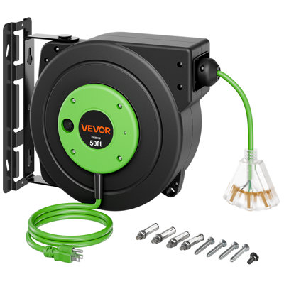 Retractable Extension Cord Reel 50FT Heavy Duty 14AWG/3C SJTOW Green, for Ceiling/Wall Mount, 13A Circuit Breaker, Automatic Retractable Power Cord, Lighted Triple Tap, with 180° Swivel Bracket