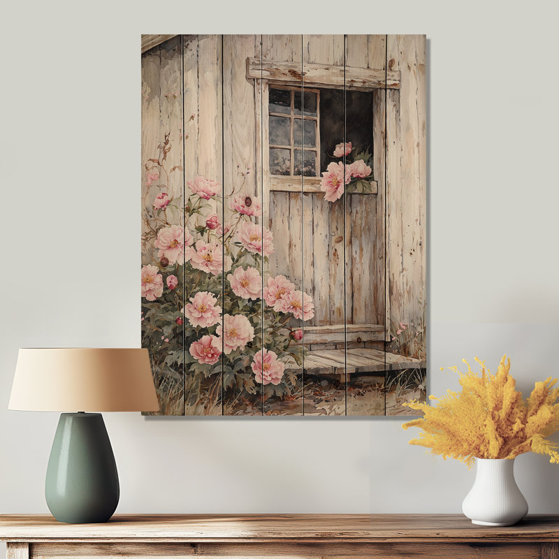 Pivoines par la grange laiteuse III - Décoration murale en bois de pivoines - sur bois de pin naturel
