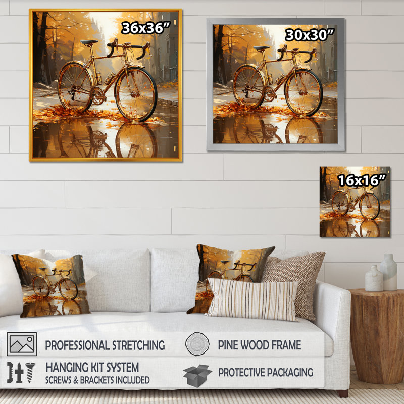 Golden Wheels, bicyclette I, sur toile, H 36 po x l 36 po x P 1,5 po, Cadre flottant blanc