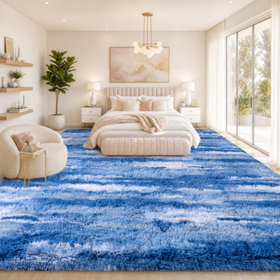 Tapis à poils longs 10x14 pour salon, lavable, motif abstrait bleu