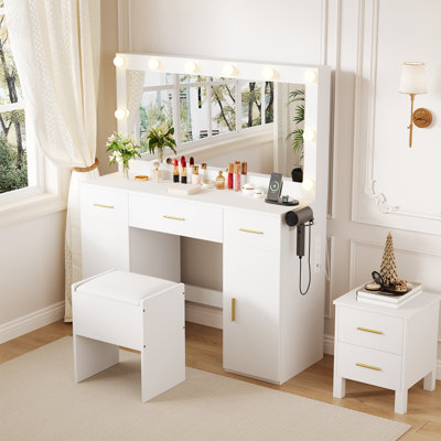 Vanity Desk with Mirror and Lights, Large Makeup Vanity Table with Power Outlet and Stool