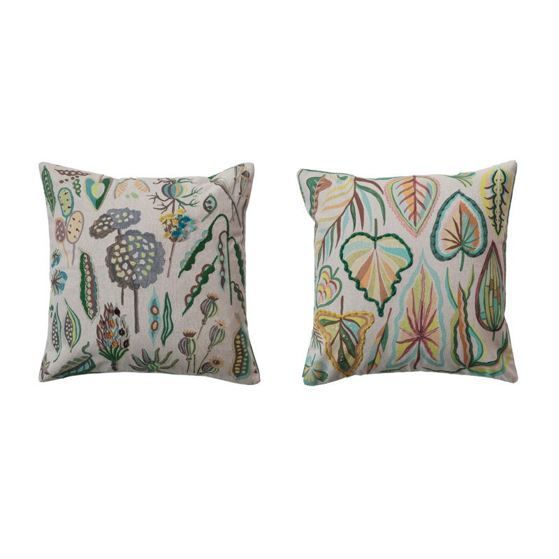 Botanical Embroidered Cotton Square Throw Pillow Set