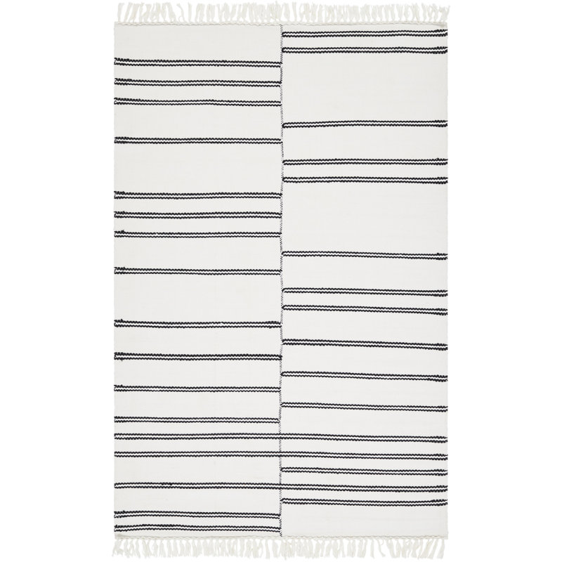 Favina rayé tissé à plat à la main recyclé P.E.T. Tapis ivoire / noir, Rectangle 8 pi 10 po x 12 pi