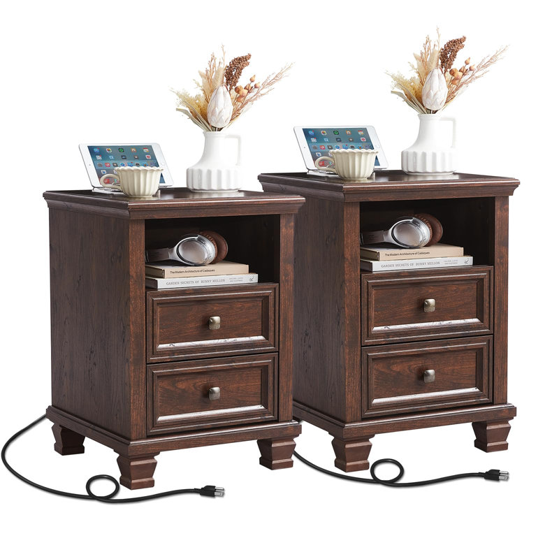 Farmhouse Nightstand Set of 2 With Charging Station, Rustic Brown Nightstand, 2 Drawers End Table, Bedside Table With Open Shelf For Bedroom, Walnut