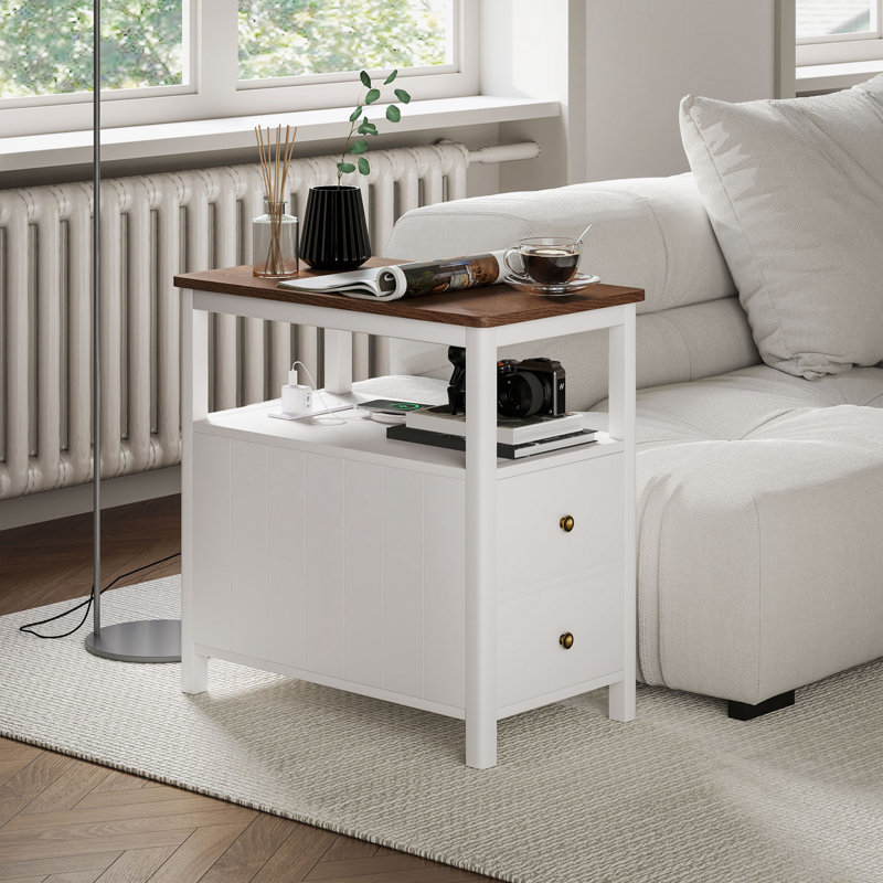Table de bout avec station de charge, ports USB, tiroirs et tablette, Blanc
