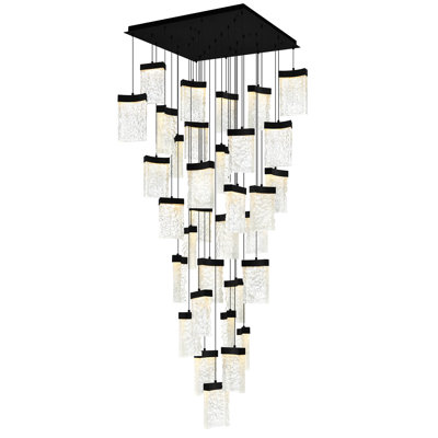 Integrated LED 36" Black Modern Chandelier with Handmade Textured Glass for Dining Room Foyer Bedroom Living Room