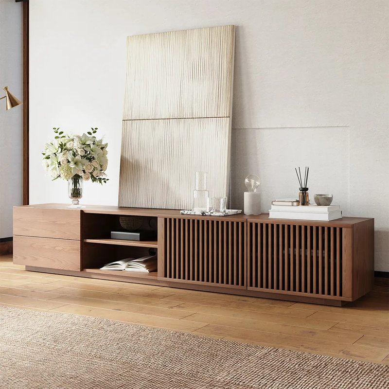 Meuble télé Mid-Century moderne, entièrement assemblé, Brun, H 19,69 po x L 15,75 po x l 94,48 po