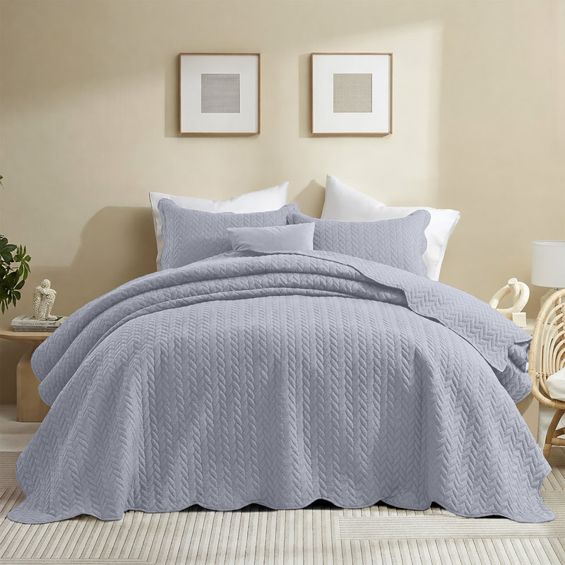 Microfiber Embossed Oversized Modern & Contemporary Bedspread Set With Shams, Silver, Full Bedspread + 2 Pillowcases