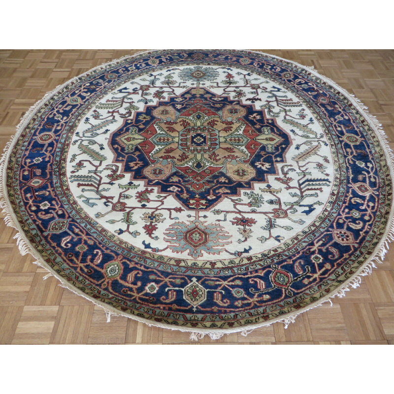 Rond médaillon Serapi antique noué à la main en ivoire / bleu / rouge, Rond 8 pi