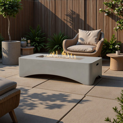 56" Propane Fire Pit Table, Rectangular Outdoor Gas Fire Pit 50,000 BTU, Modern Minimalist Fire Table for Patio Backyard Deck, Concrete Firepit with Waterproof Cover, Lava Rocks & Tank Seat