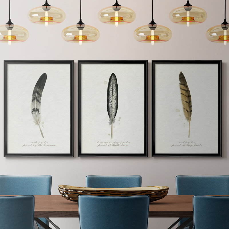 Found Feather I - Toile tendue avec châssis sur mesure - 3 pièces, H 39 po x l 81 po, Noir, noir, noir, noir