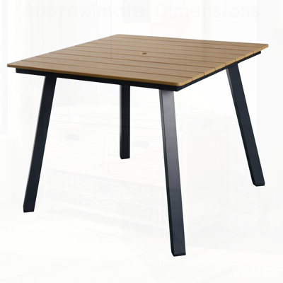 Square Patio Dining Table with Umbrella Hole, Heavy-Duty Iron Frame, and Wood-Plastic Composite Top for All-Weather Use