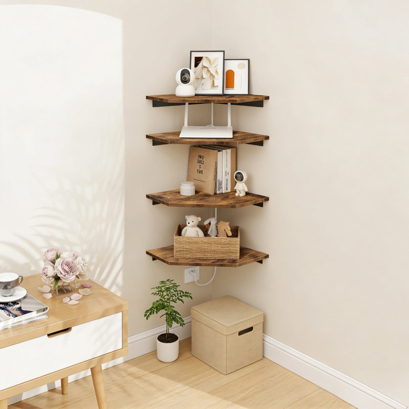 Ensemble de 4 tablettes d'angle flottantes, rangement mural en bois avec trou de câble pour salle de bain, chambre à coucher, cuisine, style rustique