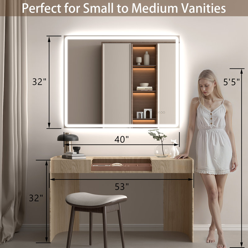 Miroir de salle de bain rectangulaire à DEL à température réglable sans cadre et rétro-éclairé, 32 po x 40 po