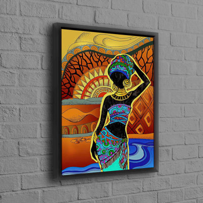 Contemporary African Woman Abstract Sun Art on Canvas For Modern Home Decor With Black Woman Wall Accent