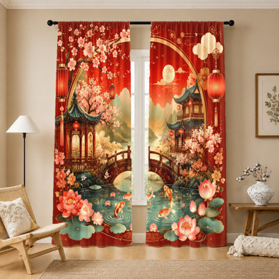 2Pcs Chinese Scenery Curtains, Light Filtering, Traditional Pavilion and Koi Pond Print, Rod Pocket Design, for Living Room Bedroom Balcony Kitchen