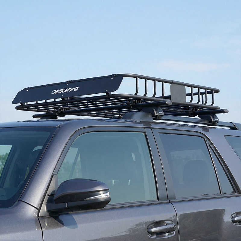 Heavy-Duty Universal Roof Cargo Basket, Black Steel Roof Rack with Tie-Down Straps for Camping & Travel