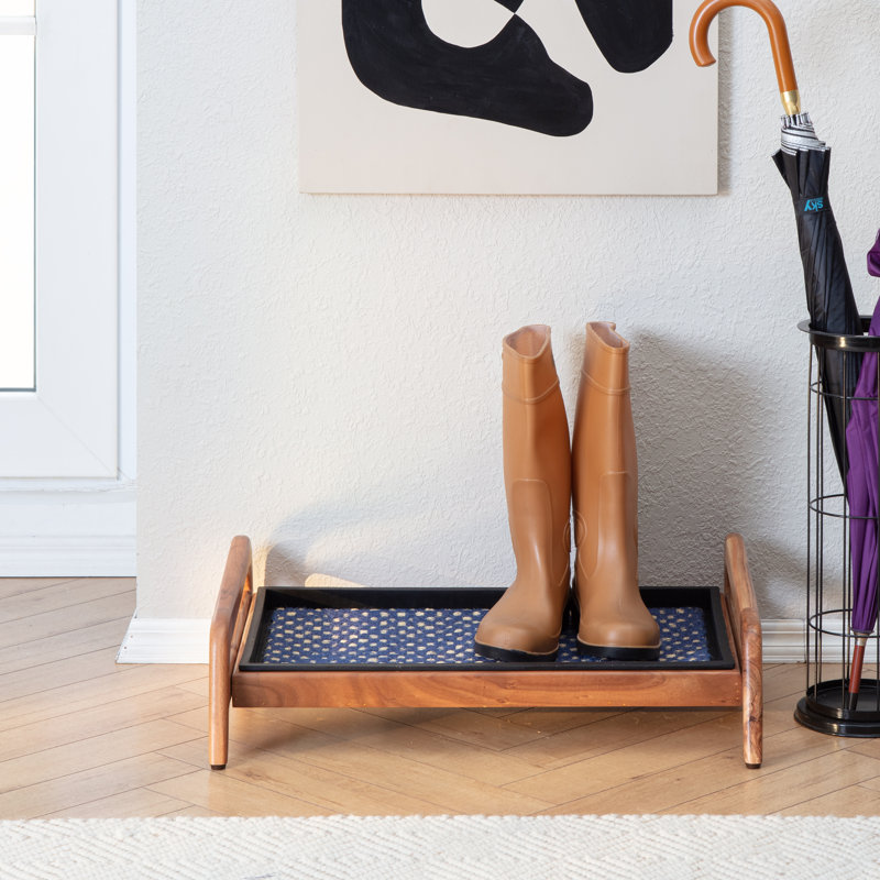 Premium Solid Wood Boot Tray Stand with Natural Coir Mat - Entryway & Mudroom Shoe Organizer, 18.5" W x 26.5" L, Natural