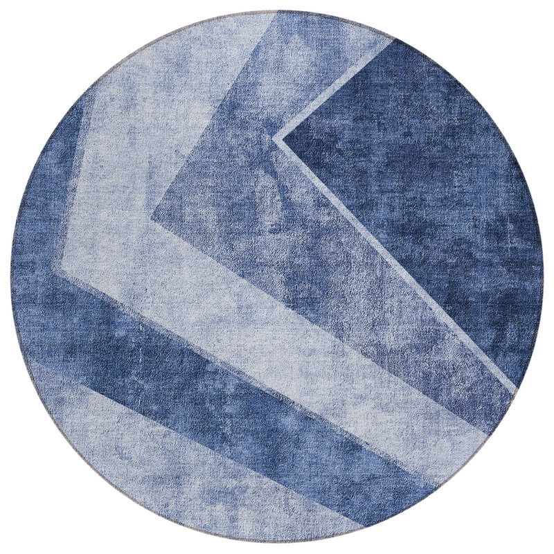 HomeRoots 8' Navy Blue And Denim Blue Round Geometric Washable Indoor Outdoor Area Rug