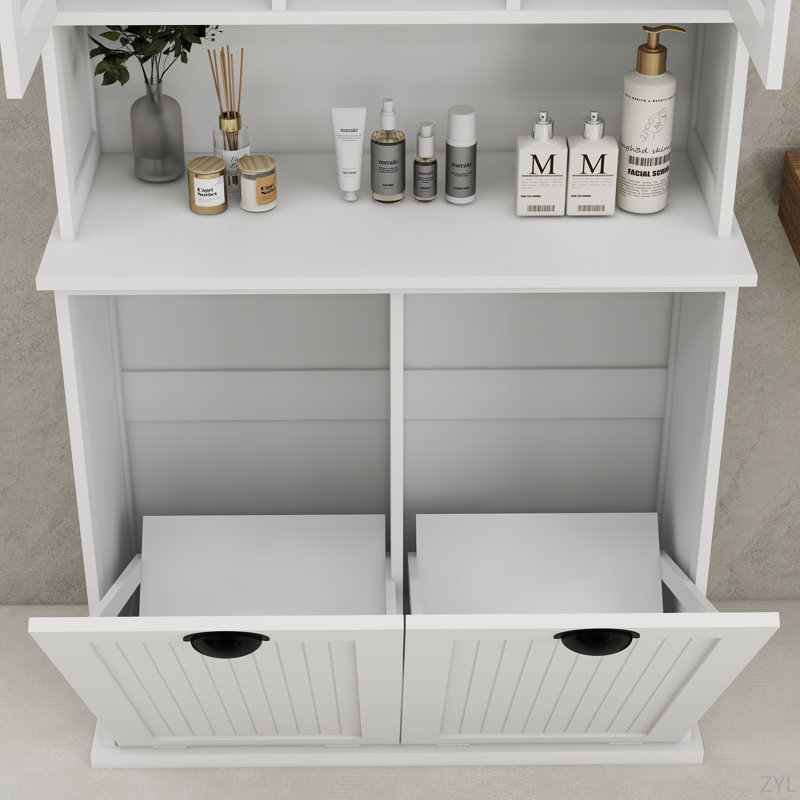 Two-Compartment Tilt-Out Dirty Laundry Basket Tall Bathroom Cabinet With 2 Adjustable Shelves-White, White