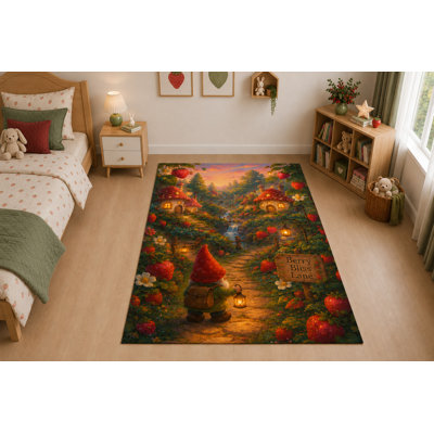 Tapis ultramince « 152 x 213 cm » motif village de gnomes et baies, idéal pour le salon, la chambre à coucher et le bureau. Moquette douce à poils courts avec envers antidérapant en silicone, rouge et vert.
