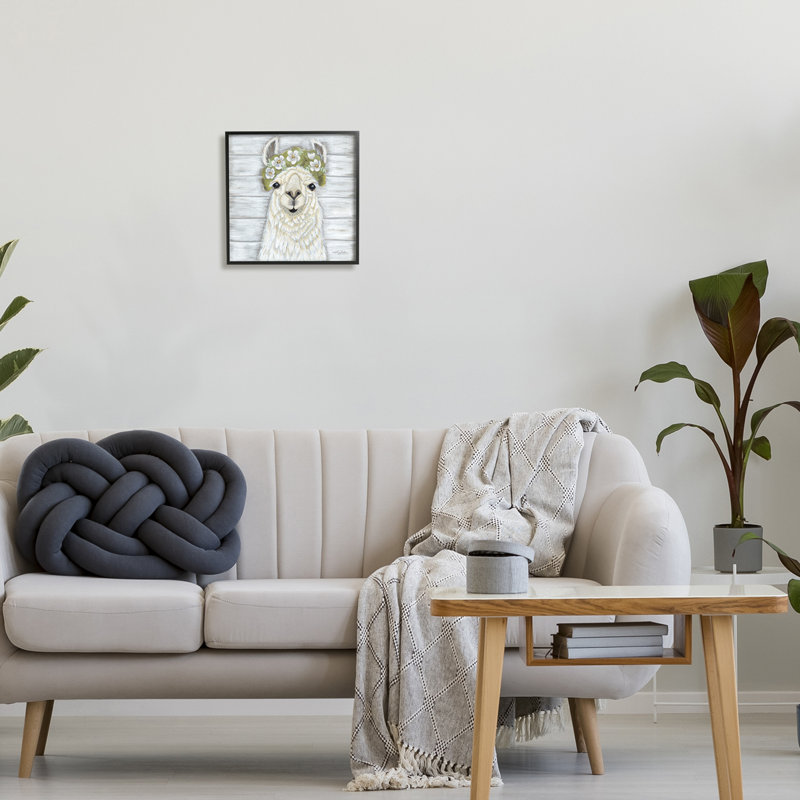 Fleurs de lama souriant - peinture, Giclée encadrée noir minuit, H 12 po x l 12 po x P 1,5 po