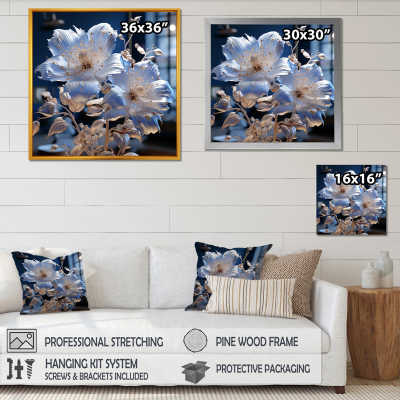 Céleste harmonie florale sur toile, H 36 po x l 36 po x P 1,5 po, Cadre doré simple