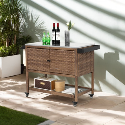 Patio Outdoor Bar Cart, Rolling Wicker Bar Cart W/Storage Cabinet, Outdoor Bar Table W/Wheels, Patio Kitchen Island Grill Cart W/Countertop