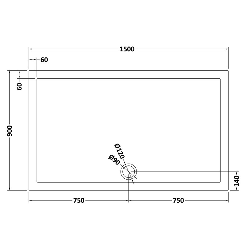 Standard Shower Tray - Slate Grey, Centre, 40mm H x 900mm W x 1500mm D