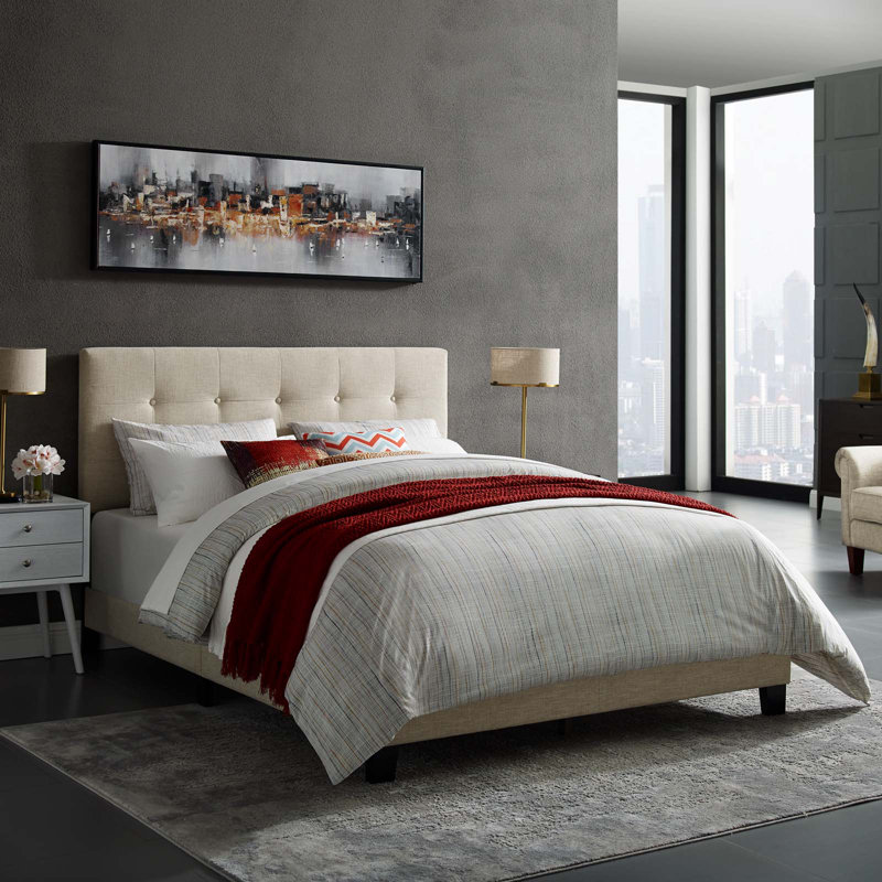 Lit tapissier rembourré Copper Grove Aschaffenburg, Mélange de polyester beige, Simple