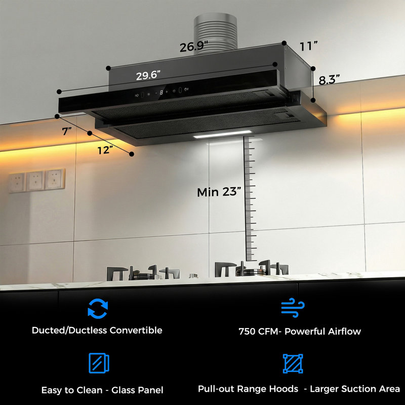 Hotte sous l'armoire / insert de 30 pouces, hotte de cuisine avec 750 pi³ / min, détection de geste à 3 vitesses et contrôle tactile, hotte en acier inoxydable avec panneau coulissant, lumières à DEL, 2 filtres en aluminium