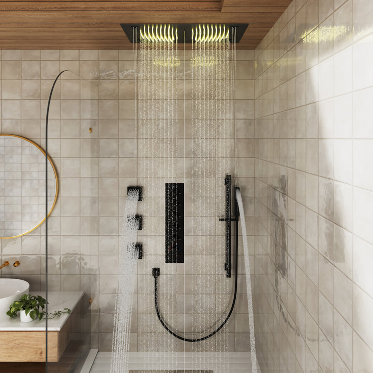 Rodeo 28"Lx16"W Flush Mounted 5-Function Thermostatic Complete Shower System with LED and Bluetooth Music