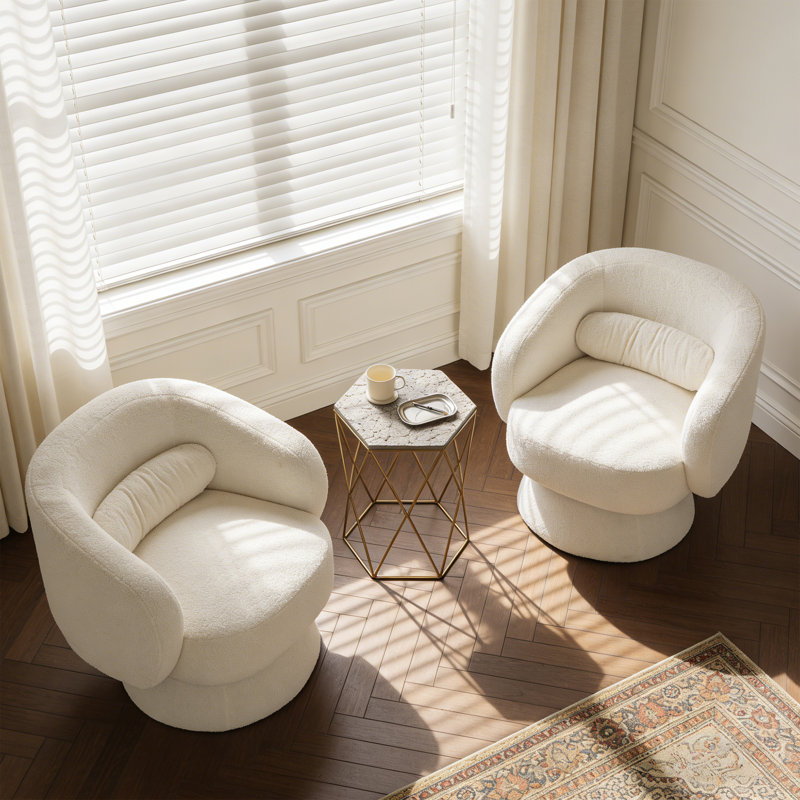 Fauteuil demi-tonneau moderne pivotant à 360 ° avec coussin décoratif Modern (ensemble de 2), Ourson blanc