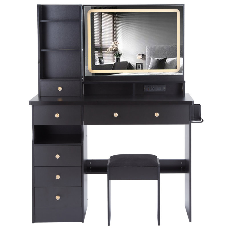 41" Vanity Table With LED Mirror And Storage For Large Space, Black