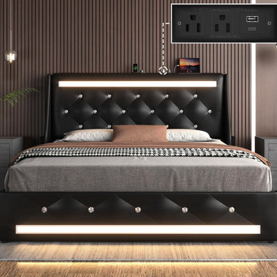 Queen Bed Frame With Led Lights, Charging Station And Diamond Headboard Design. Easy Setup, No Box Spring Needed. Smart 60000 Colors, One - Click Mode Change, 4 In 1 Charging, Faux Leather Foam, Side