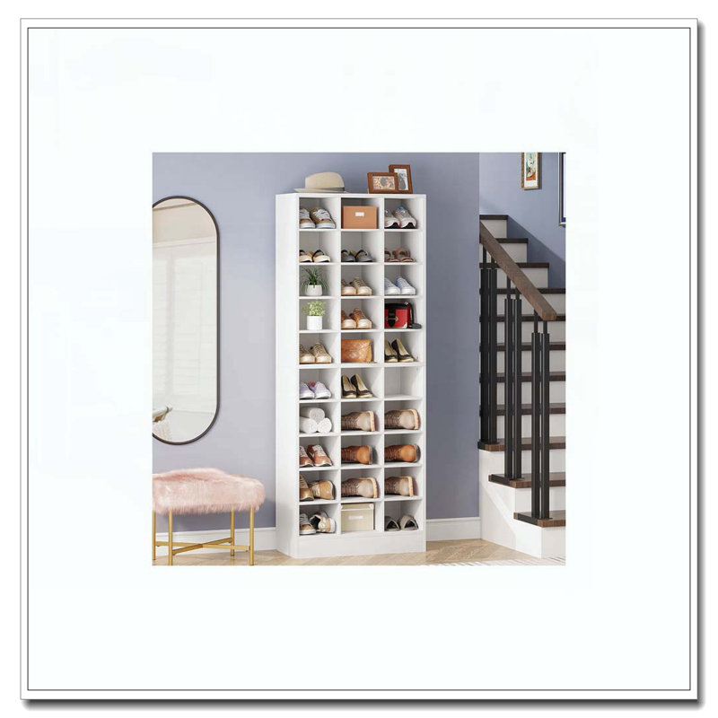 25.6 Inches 10-Tier White Wooden Shoe Storage Cabinet, Modern 30-Cubby Wooden Shoe Rack Organizer, White