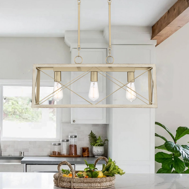 Lustre rectangulaire à 3 lumières pour îlot de cuisine Remon, Frêne français