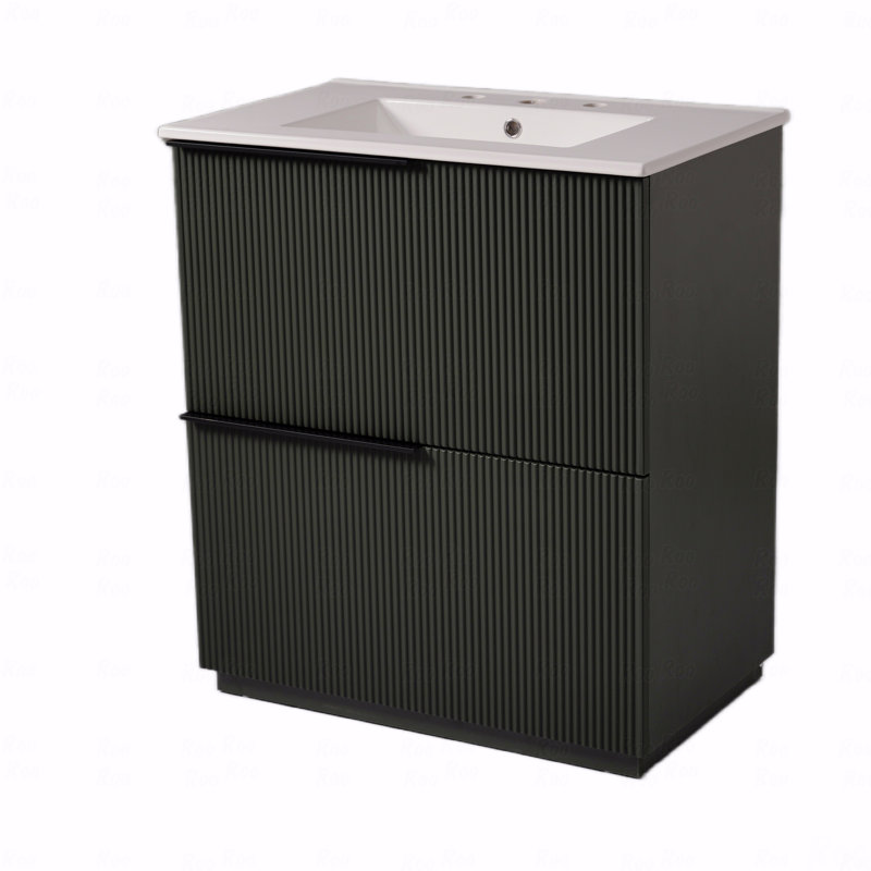 Meuble-lavabo de 30 po avec lavabo en céramique et tiroirs pleine extension, glissières de tiroir à fermeture en douceur, conception cannelée