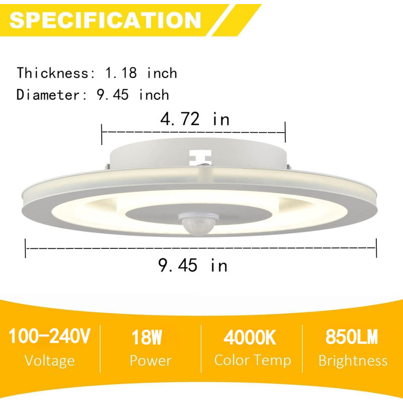LED Indoor Flush Mount Ceiling Light Fixture With Motion Sensor, 4000K 18W, White Finish, White Frosted Shade