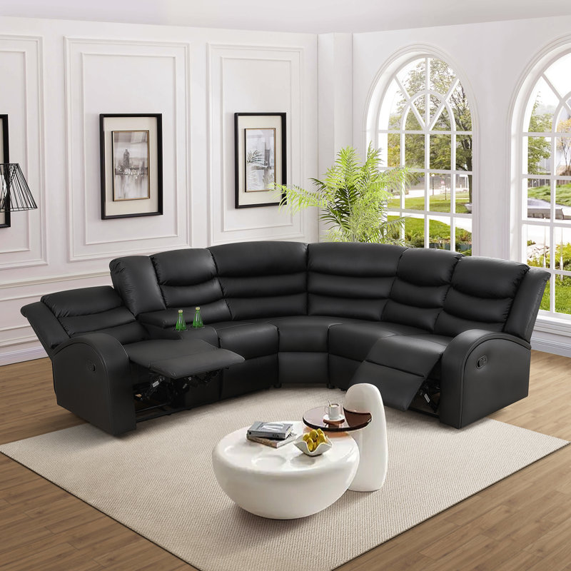 Sectional Recliner Sofa Set With Storage, Manual Reclining Black Leather Sectional Couch Includes 2 Recliner Seats, Cup Holders & Hidden Console Storage, For Home Office(black)