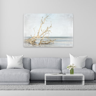 Bois flotté sur le rivage, art côtier contemporain abstrait et tranquille