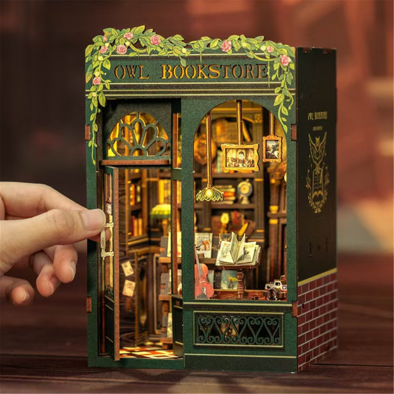 Ensemble de coin-livre miniature Diy | Décoration artisanale en bois hibou libellule 3D avec lumières DEL, décoration de table