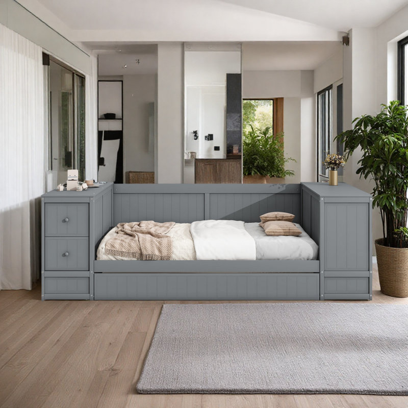 Lit de jour simple avec accoudoirs de rangement, lit gigogne et station de charge, Gris