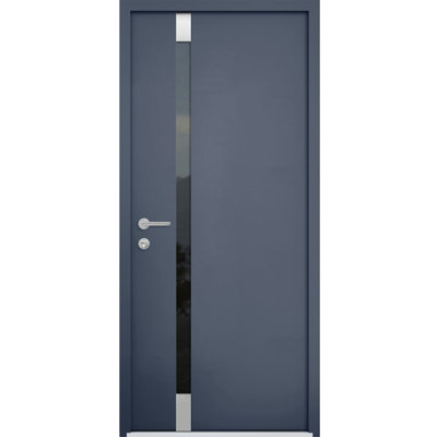 Front Exterior Prehung Steel Door Cynex 6777 Grey Stainless Inserts Single Modern Painted-W32 x H80-Right-hand Outswing