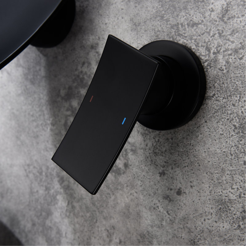 Wall Mount Bathroom Faucet In Matte Black, Comprised Of Brass With Wide Waterfall Spout And Exact Control Valve For Fluent Water Flow Black Faucet, Made Expansive Arc Precise A Delightful Utilization